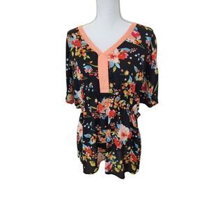 Pioneer Woman Black Floral Peplum Shirt Blouse L Office Casual